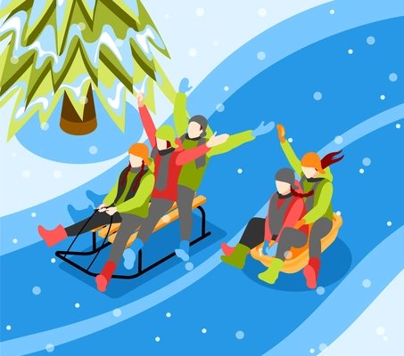 Winter holiday vacations outdoor fun isometric composition with children adults friends joyfully sledding down hill vector illustration