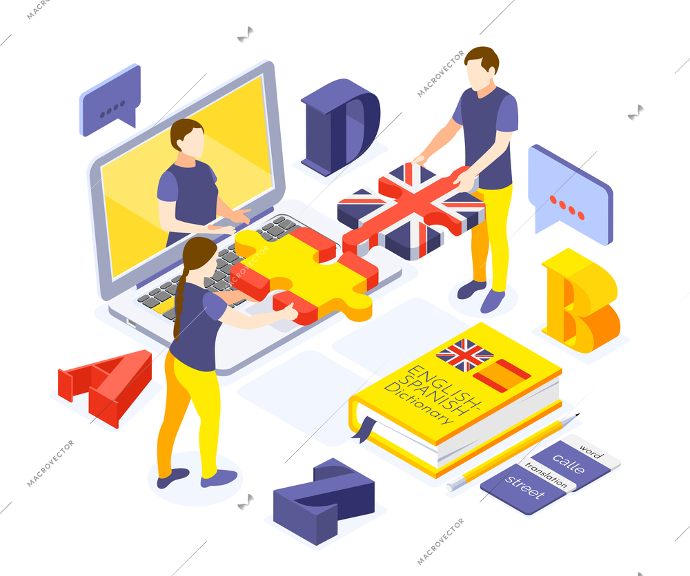 Online language courses isometric composition with spanish students learning english with personal tutor dictionary flags vector illustration