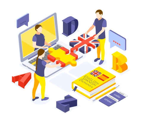 Online language courses isometric composition with spanish students learning english with personal tutor dictionary flags vector illustration