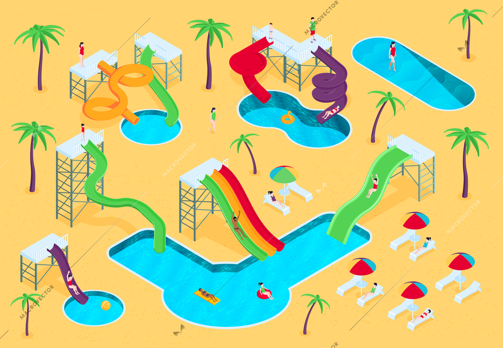 Isometric water aqua park composition with outdoor view of beach with palms pools and colorful slides vector illustration