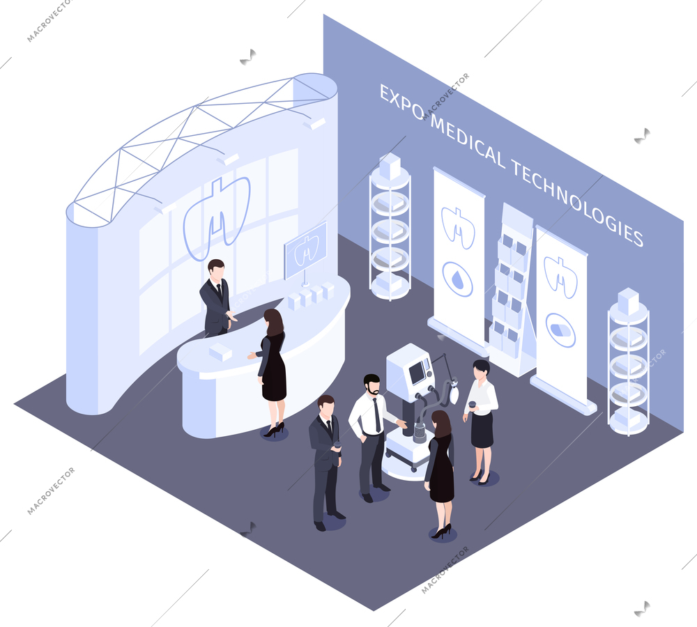 Expo medical technologies isometric composition with staff demonstrating work of hi tech robotic equipment vector illustration