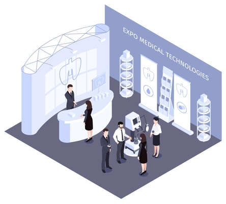 Expo medical technologies isometric composition with staff demonstrating work of hi tech robotic equipment vector illustration