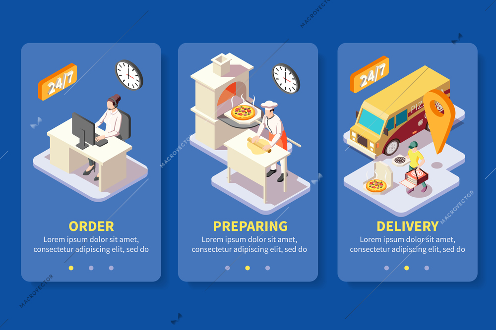 Pizza production pizzeria isometric banners set with images of order cooking and delivery services with text vector illustration