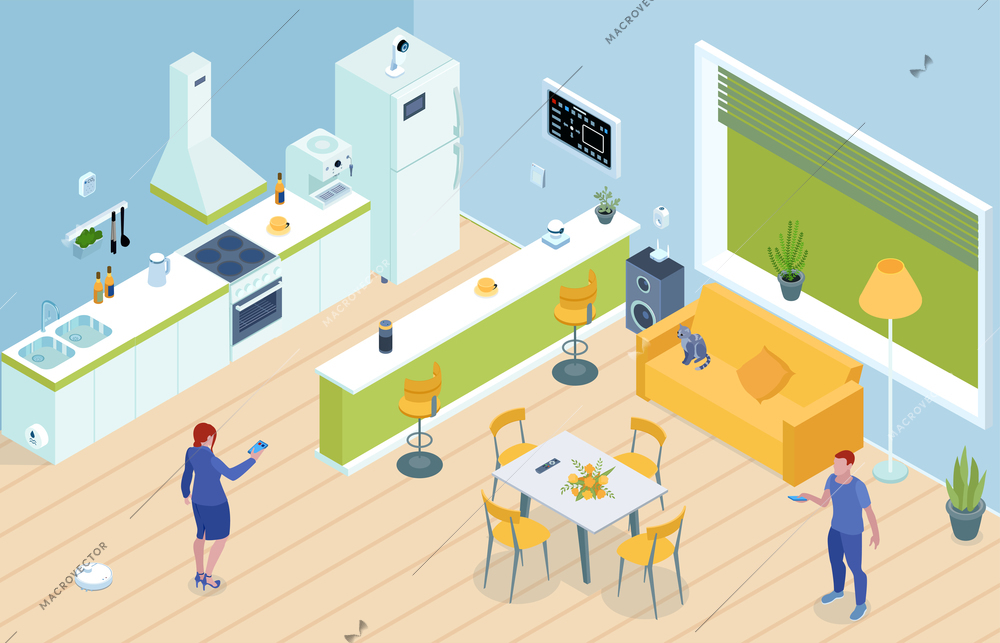 Smarthome kitchen living interior with householders control appliances remotely using master panel isometric composition vector illustration