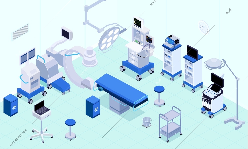 Medical operating room equipment lighting heart rate monitoring lungs ventilators anesthesia machines surgical table isometric vector illustration