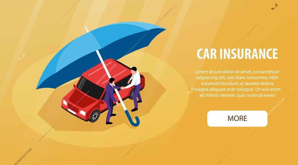 Isolated insurance horizontal banner with isometric image of car under umbrella editable text and more button vector illustration