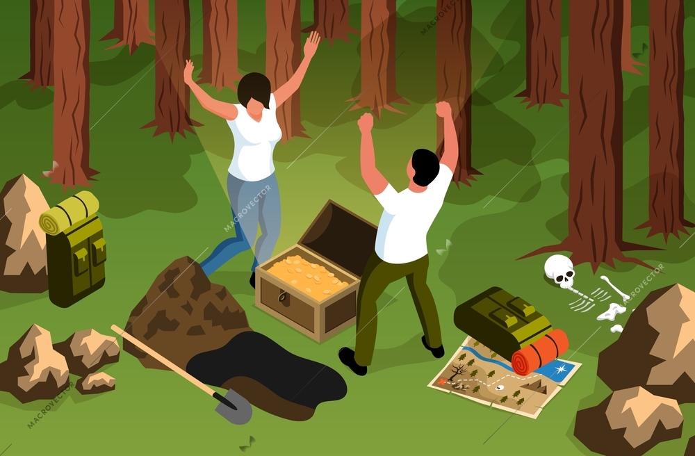 Isometric treasure hunt horizontal composition with forest scenery and characters of happy finders with treasure chest vector illustration