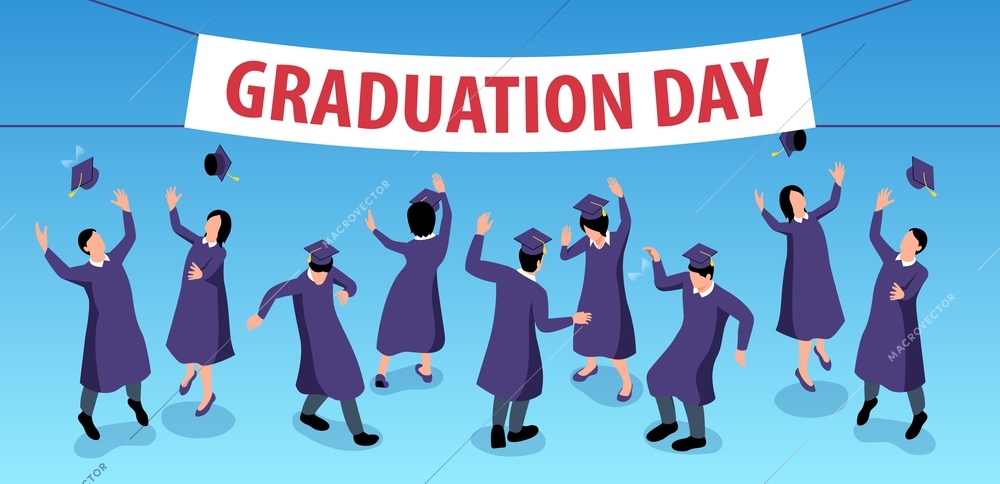 Isometric graduation horizontal composition with editable text placard and group of dancing students wearing academic suits vector illustration