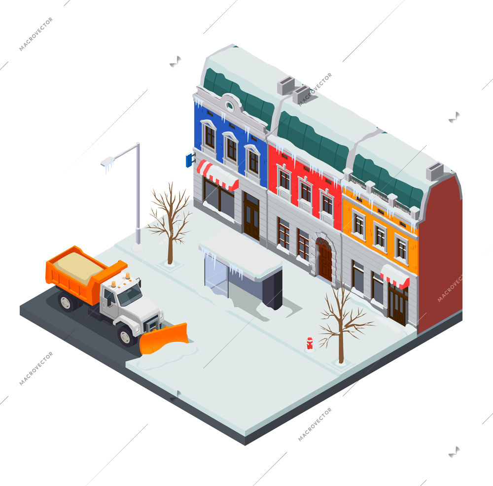 Snow cleaning removal machinery isometric composition with street houses bus stop on pavement and clearing truck vector illustration