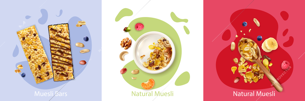 Realistic design concept with natural fruit and berry muesli isolated vector illustration