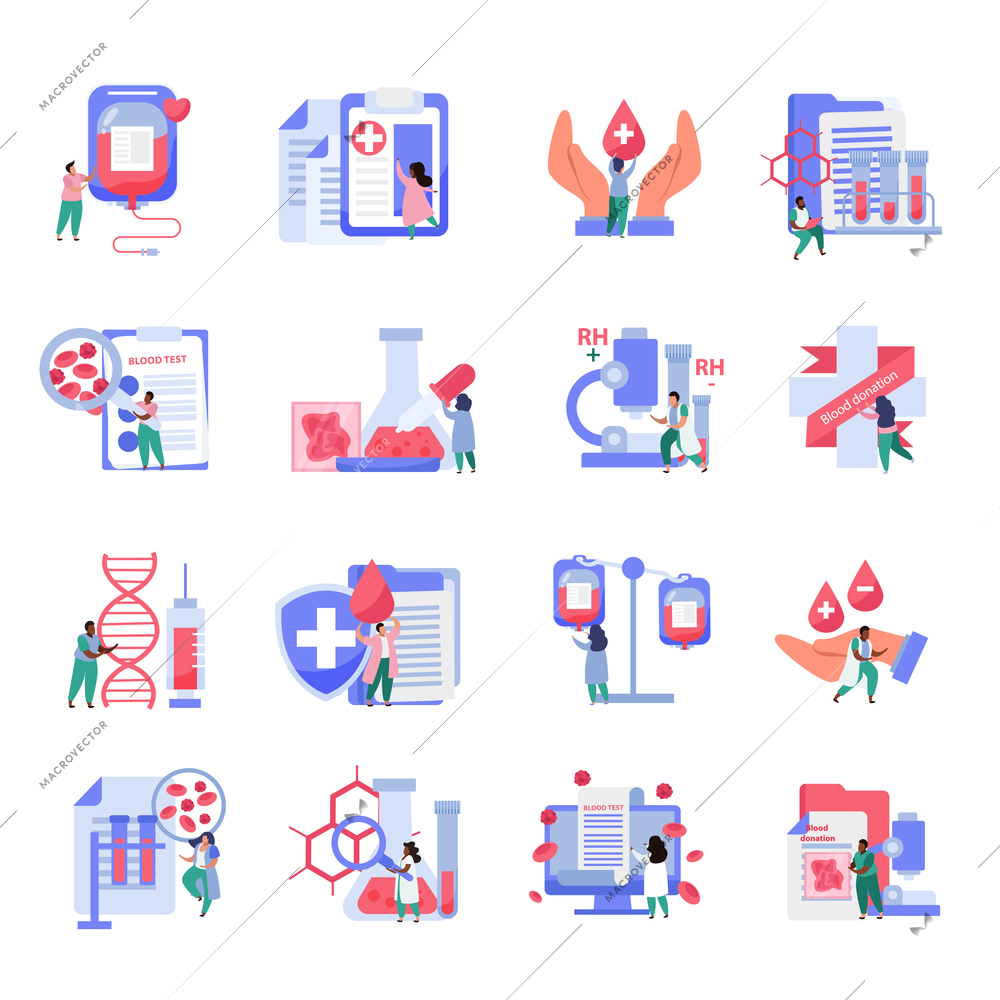 Blood donation icons set with healthcare symbols flat isolated vector illustration