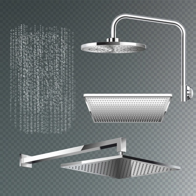 Realistic set of modern shower heads of different shapes on transparent background vector illustration