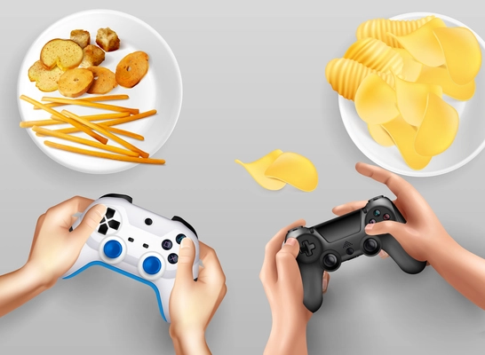 Video game  realistic composition with two joysticks in people hands and plates with chips and cookies