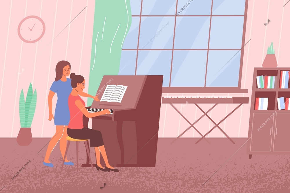 Learning keyboard instruments flat composition with indoor scenery and piano tutor with student in home interior vector illustration