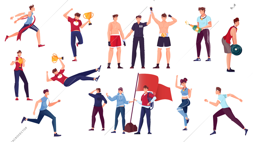 Winner set with flat human characters of running athletes celebrating victory with champagne trophies and cups vector illustration