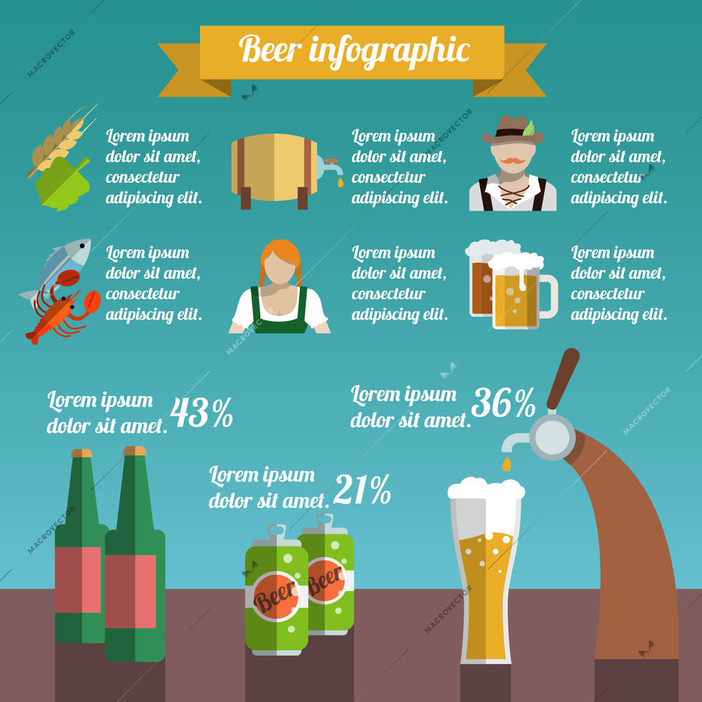 Beer draught and bottle alcohol beverage infographic set vector illustration