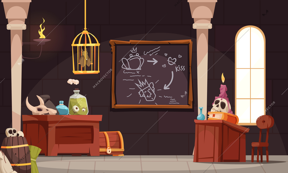 Magic school composition with indoor interior view of fantasy class with skulls candles and potion jars vector illustration