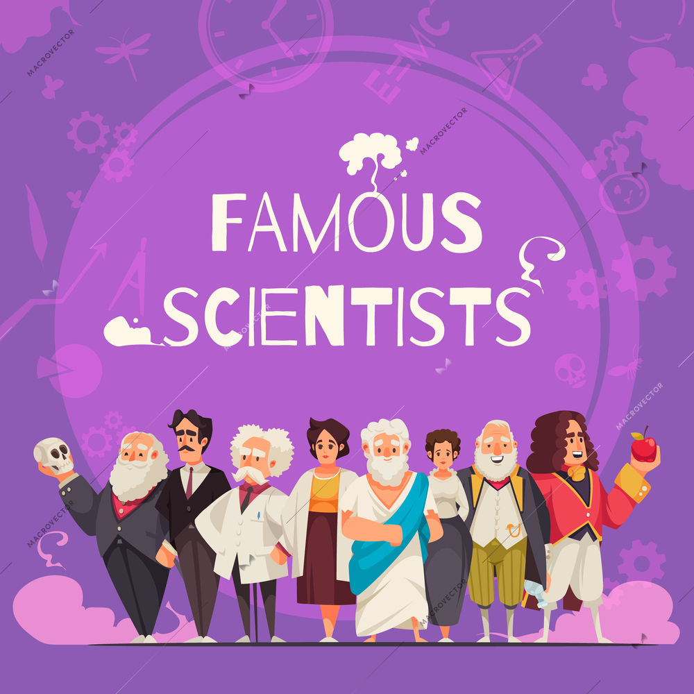 Famous scientists composition with text in round frame science tools silhouette icons and doodle human characters vector illustration