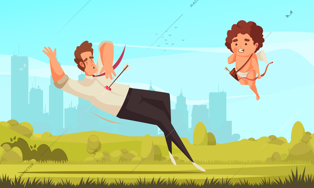 Amur cupid valentine day composition with outdoor scenery cityscape and flying amoretto character with shot man vector illustration