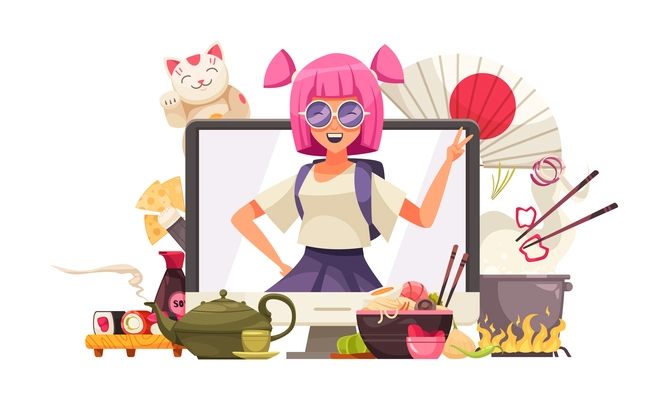 Japan composition with computer screen and anime girl surrounded by tea sets sushi and kawaii cats vector illustration