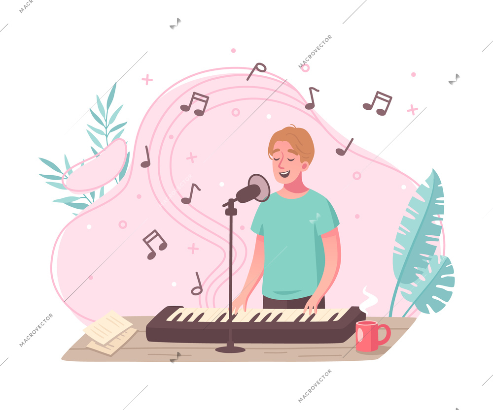 Hobby cartoon composition with young man singing while playing electronic piano organ keyboard with microphone vector illustration