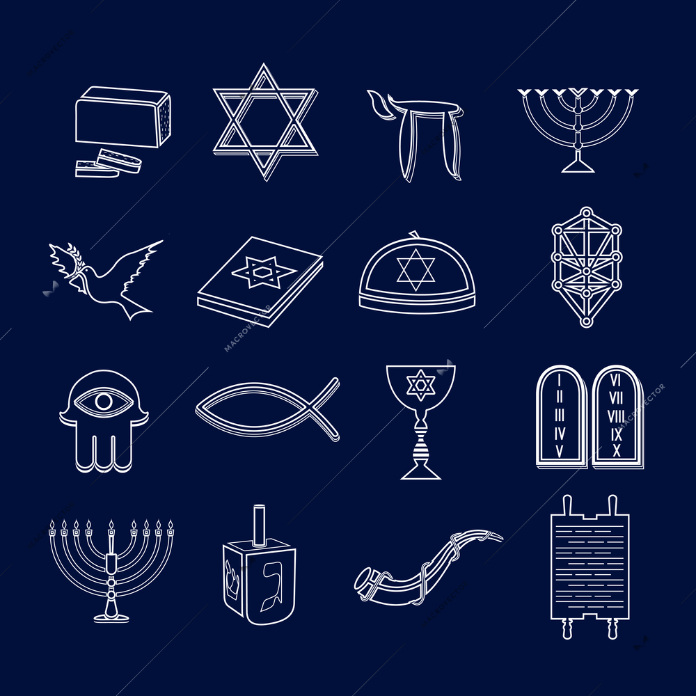 Jewish church traditional religious symbols outline icons set isolated vector illustration