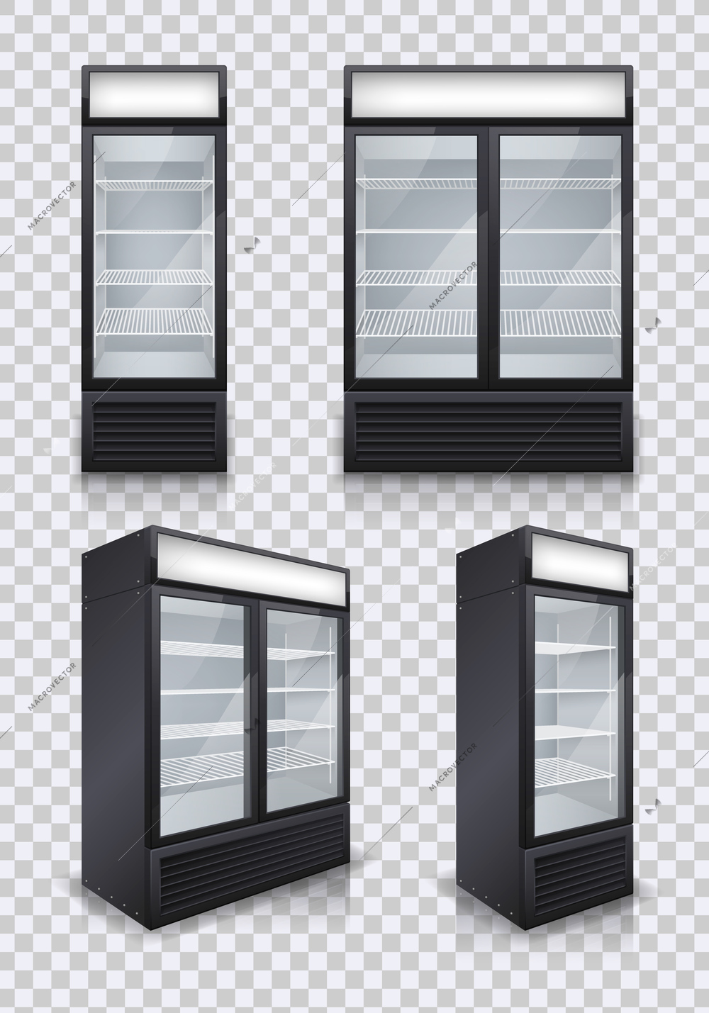 Commercial glass door drink fridges one and two display sections realistic set transparent background isolated vector illustration