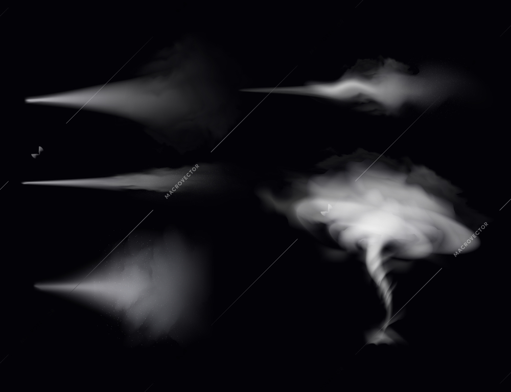 Wind and dust spray set on black background realistic isolated vector illustration