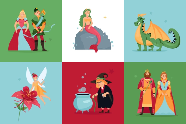 Fairy tale characters design concept set of six color square icons with elf mermaid gnome royal family members vector illustration