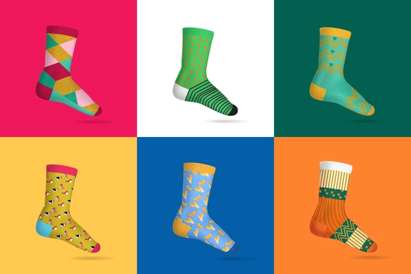 Realistic design concept set of six multicolored socks for woman on different square color backgrounds vector illustration