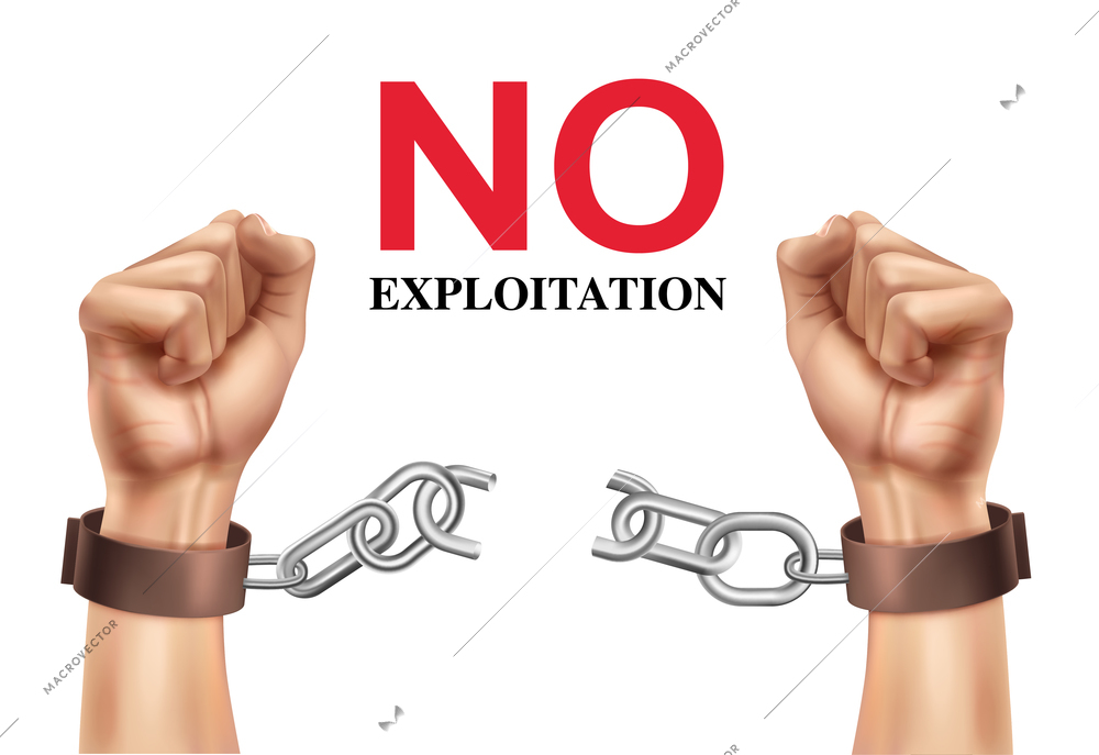 No exploitation design concept with chain broken off by hands on white background realistic vector illustration