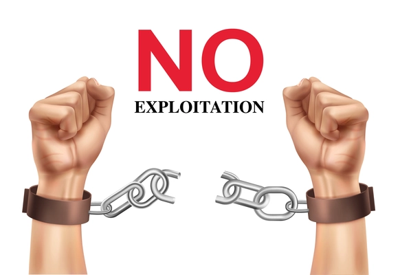 No exploitation design concept with chain broken off by hands on white background realistic vector illustration