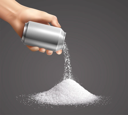 White sugar with hand water and soda can realistic vector illustration