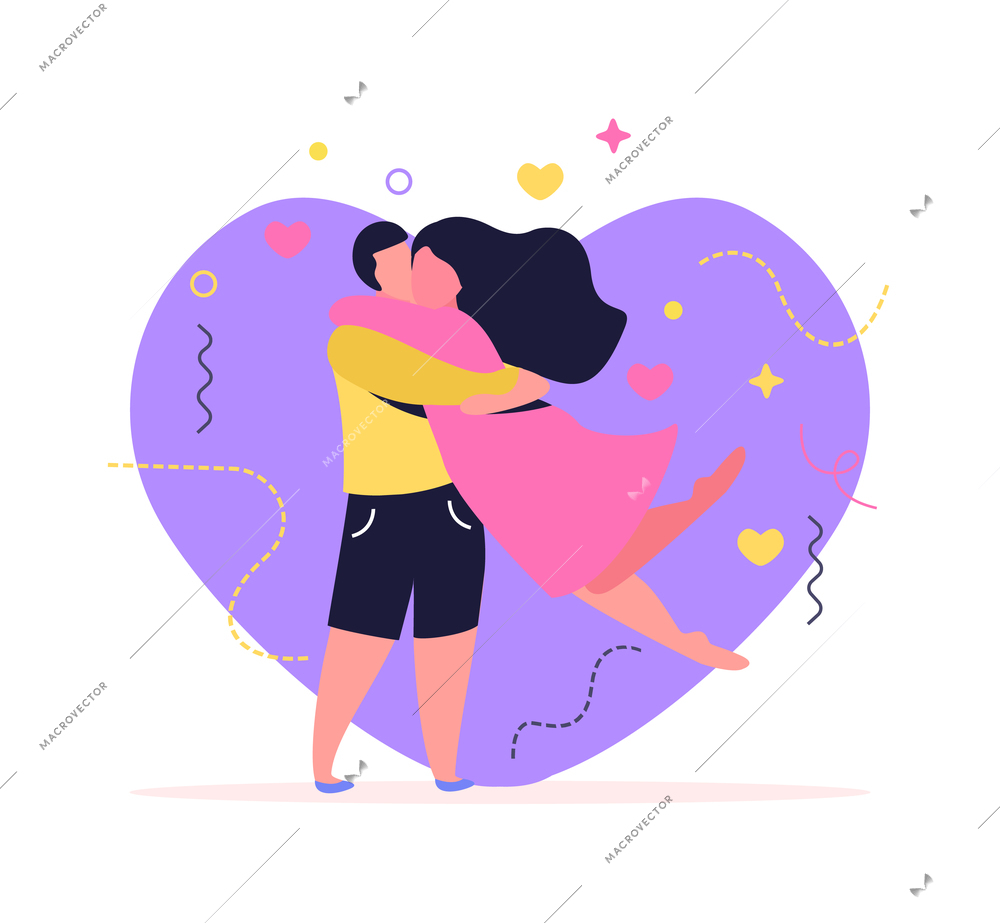 Hug day flat background composition with heart shape and star signs with lovers embracing each other vector illustration