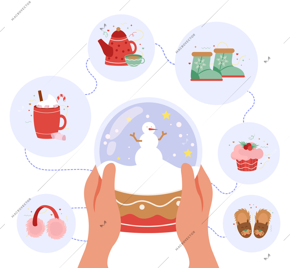 Happy winter flat background with round compositions and hands holding glass ball with snowman and snowflakes vector illustration