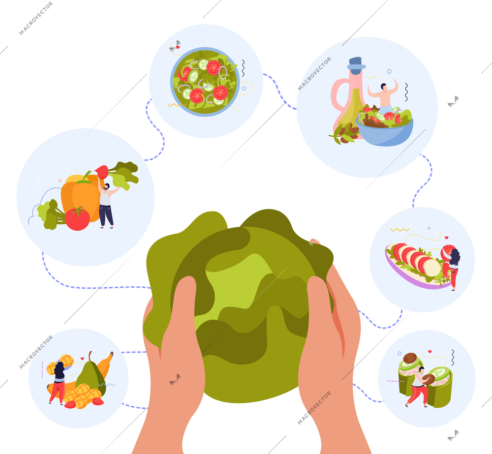 Vegan food background with human hands holding cabbage and round compositions of vegetable fruits and people vector illustration