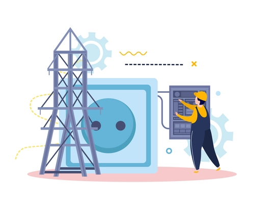 Electricity and lighting flat background with worker in uniform power panel with socket and power line vector illustration