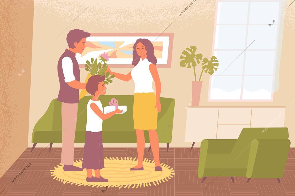 Husband and son congratulating woman on 8 march giving her present and flowers flat vector illustration