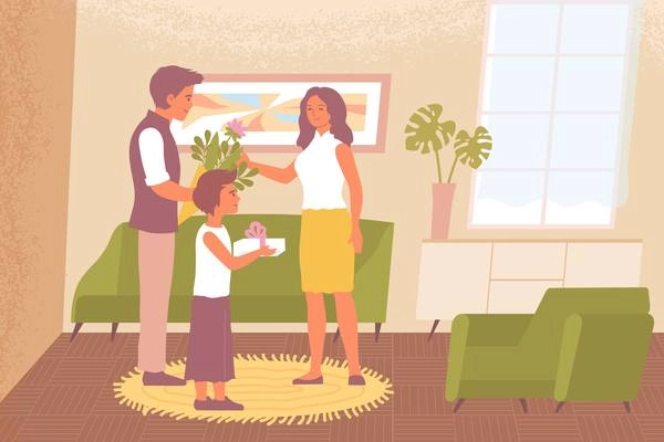 Husband and son congratulating woman on 8 march giving her present and flowers flat vector illustration