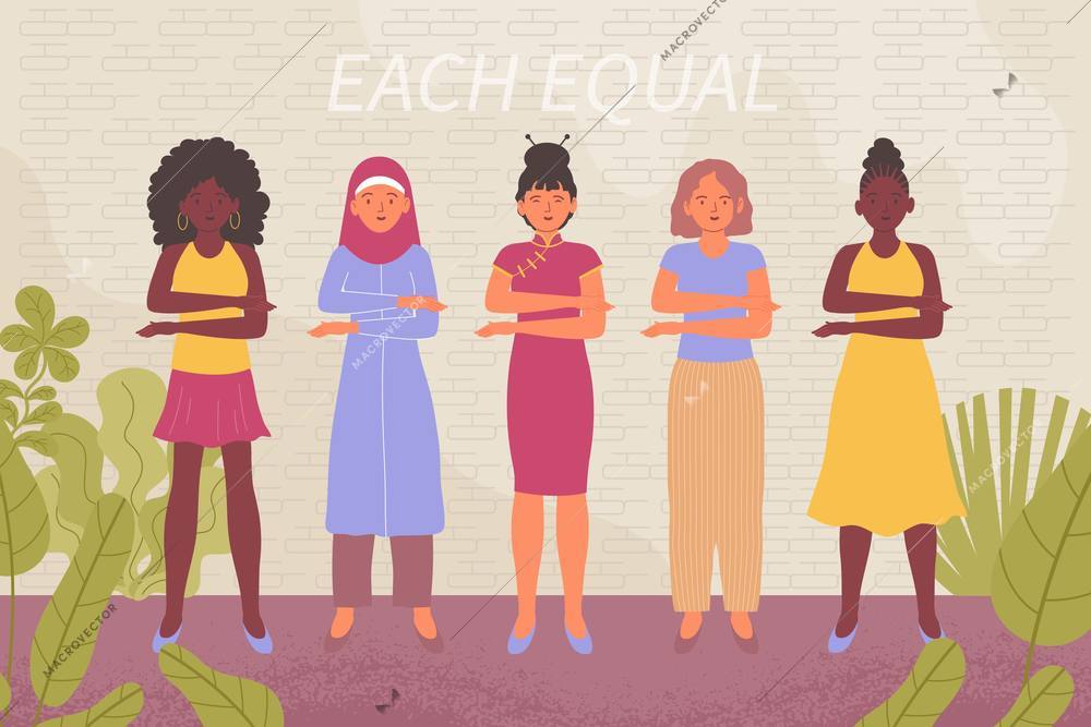 Womens day equality concept with diverse nationality female characters flat vector illustration