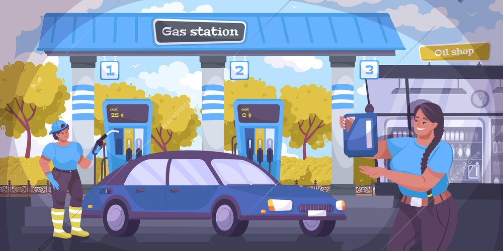 Oil industry background with gas station symbols flat vector illustration