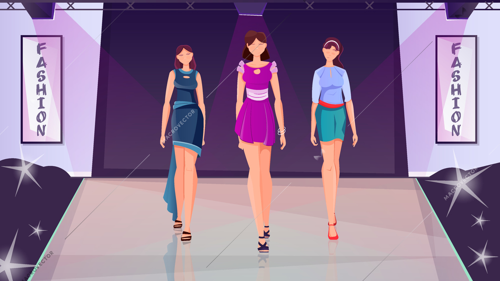 Fashion show flat background with three young slender girls in fashionable clothes walking on the catwalk vector illustration