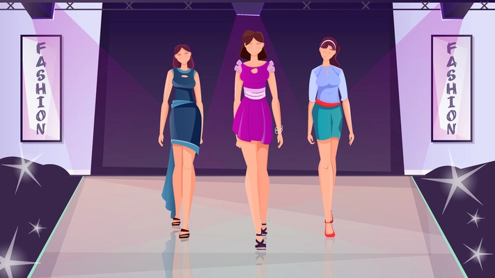 Fashion show flat background with three young slender girls in fashionable clothes walking on the catwalk vector illustration