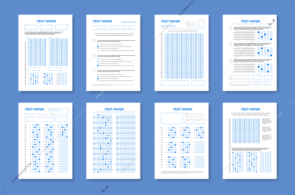 Set of four vertical test papers with realistic images of colorful exam sheets with editable text vector illustration