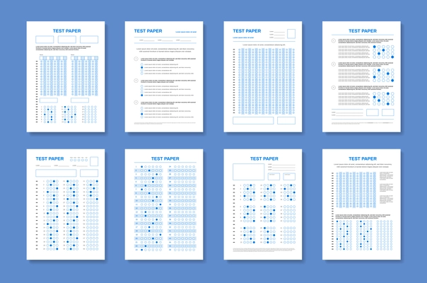 Set of four vertical test papers with realistic images of colorful exam sheets with editable text vector illustration