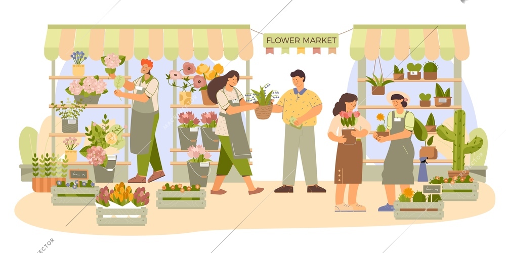 Flower market stalls with tulips roses cactuses  growing and freshly cut plants arrangements flat composition vector illustration