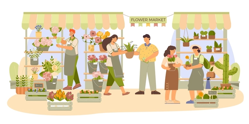 Flower market stalls with tulips roses cactuses  growing and freshly cut plants arrangements flat composition vector illustration