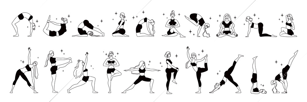 Yoga pose monochrome set in line art style with slim sportive women demonstrating various yoga positions isolated vector illustration