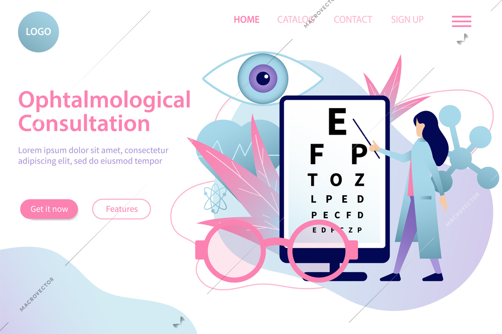 Ophthalmology flat website landing page with eye sight test images editable text cilckable buttons and links vector illustration