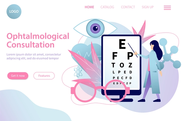 Ophthalmology flat website landing page with eye sight test images editable text cilckable buttons and links vector illustration